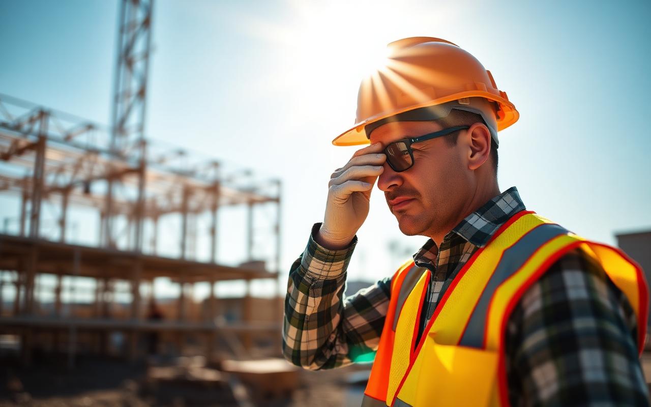 Construction workers on a hot job site with temperature and humidity monitoring
