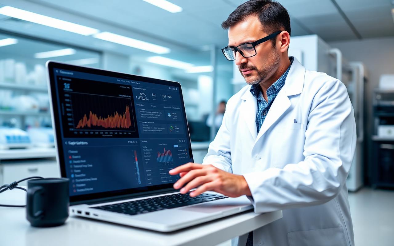 Scientist evaluating a laboratory temperature monitoring dashboard