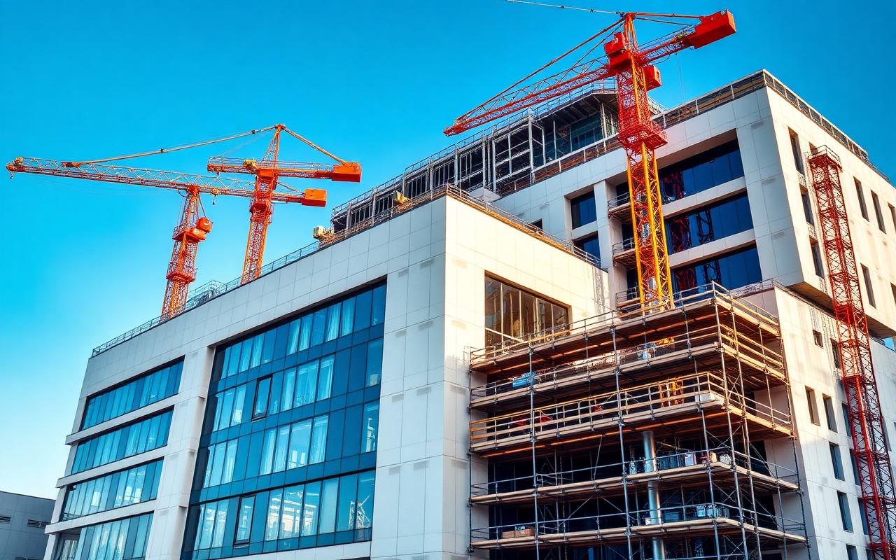 Hospital construction site with workers reviewing plans and monitoring equipment